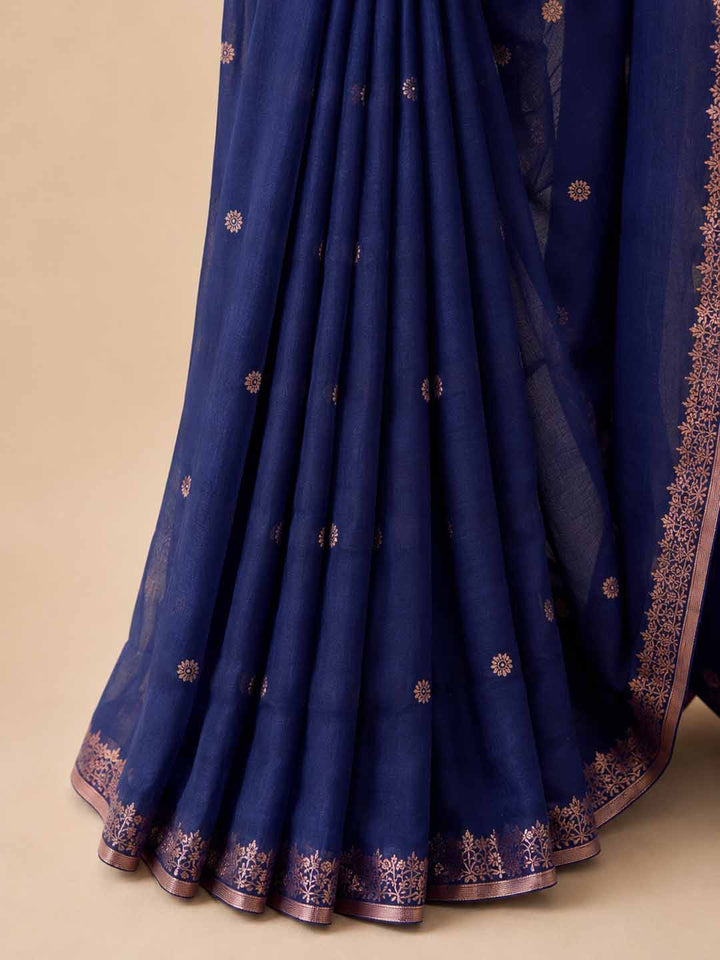 Navy Blue Cotton Saree With Buttas