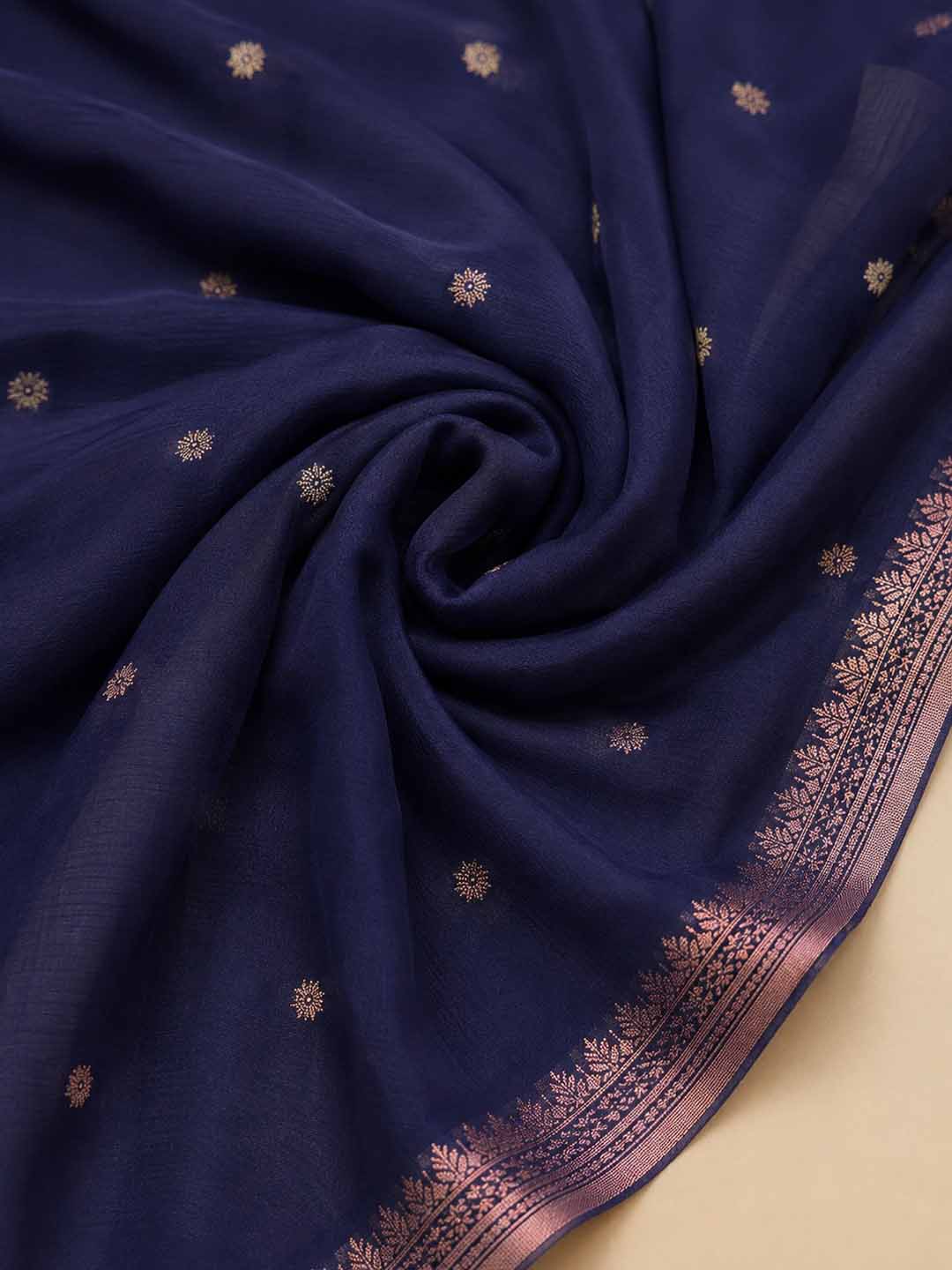 Navy Blue Cotton Saree With Buttas