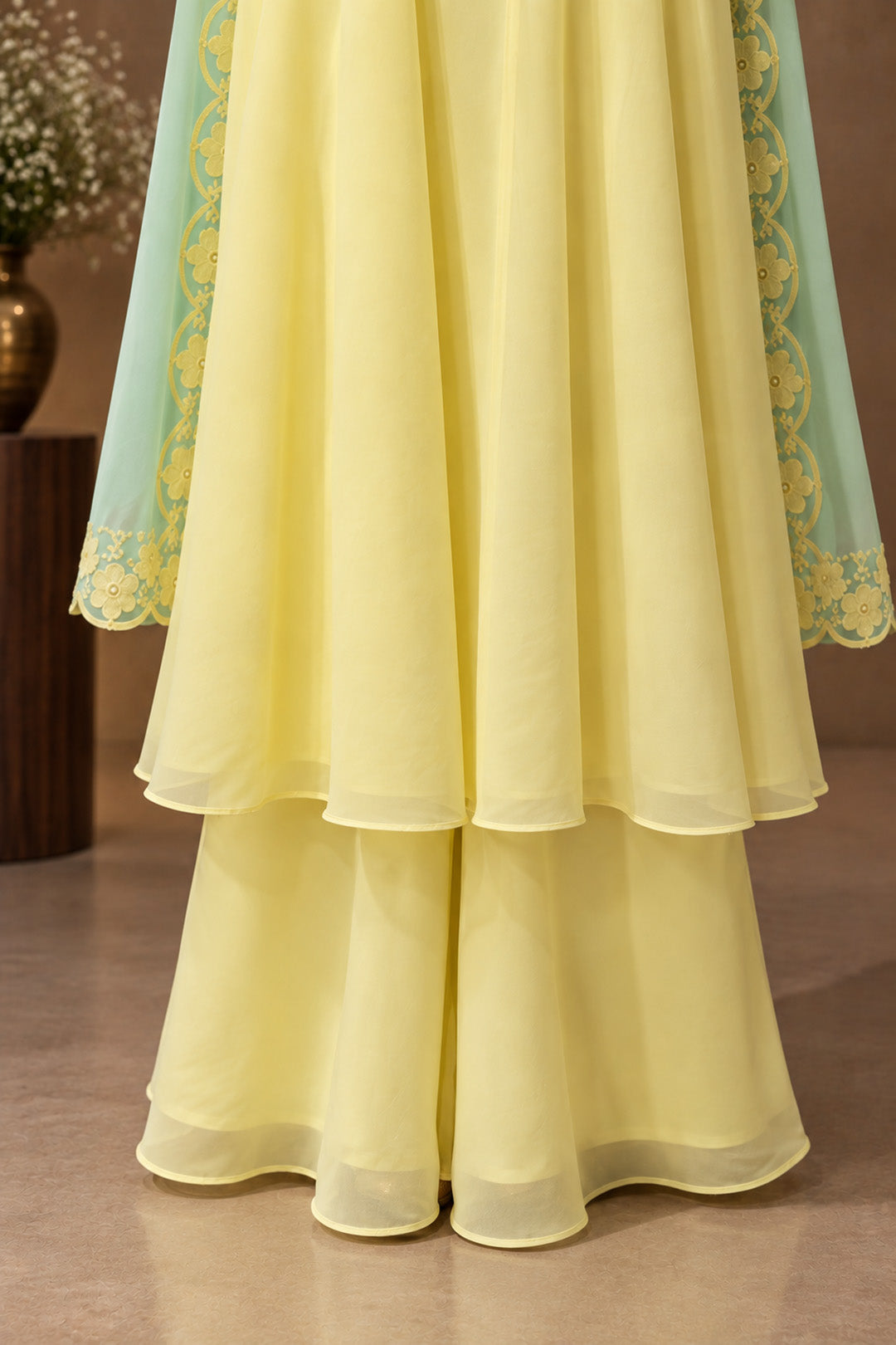 Pastel Lemon Yellow Embellished Anarkali Set with Mint Green Dupatta