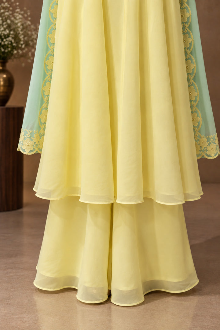 Pastel Lemon Yellow Embellished Anarkali Set with Mint Green Dupatta