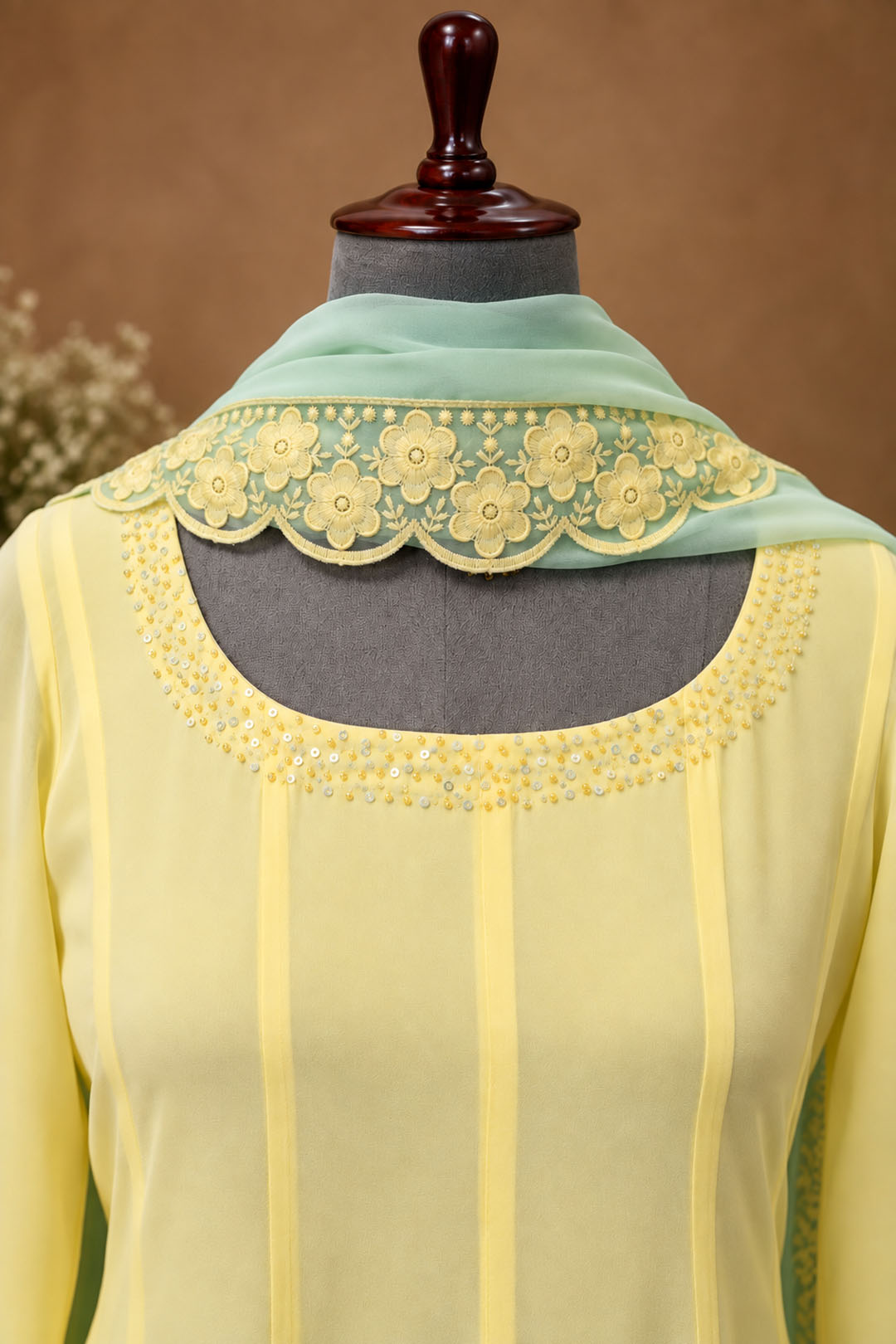 Pastel Lemon Yellow Embellished Anarkali Set with Mint Green Dupatta