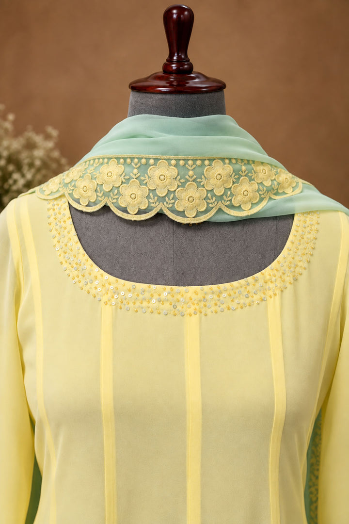 Pastel Lemon Yellow Embellished Anarkali Set with Mint Green Dupatta