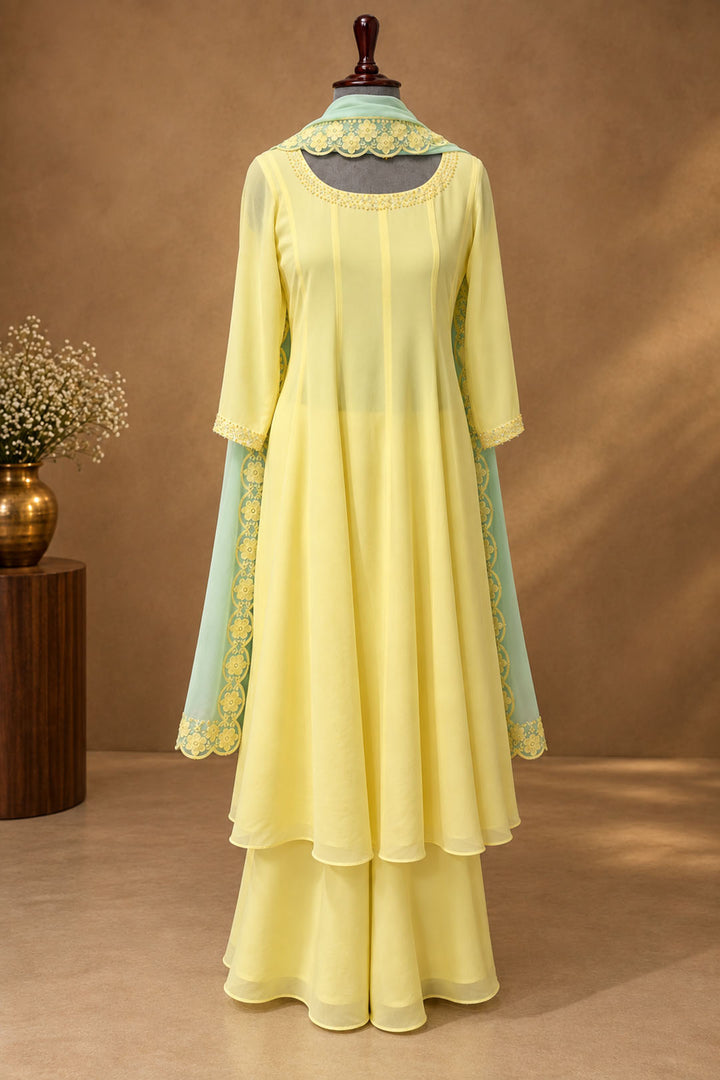 Pastel Lemon Yellow Embellished Anarkali Set with Mint Green Dupatta