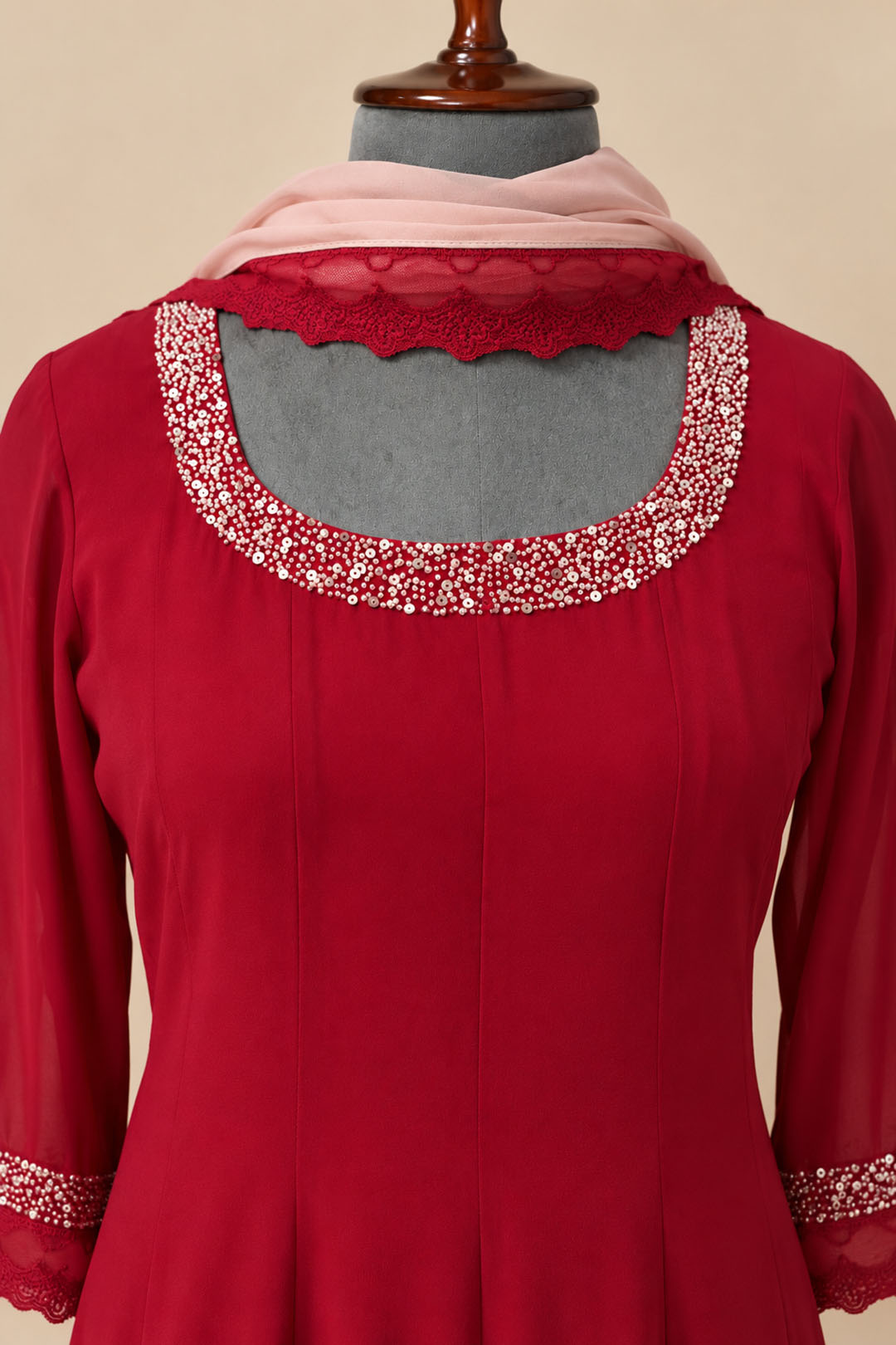 Reddish Maroon Anarkali Embellished Anarkali Set with Blush Pink Dupatta