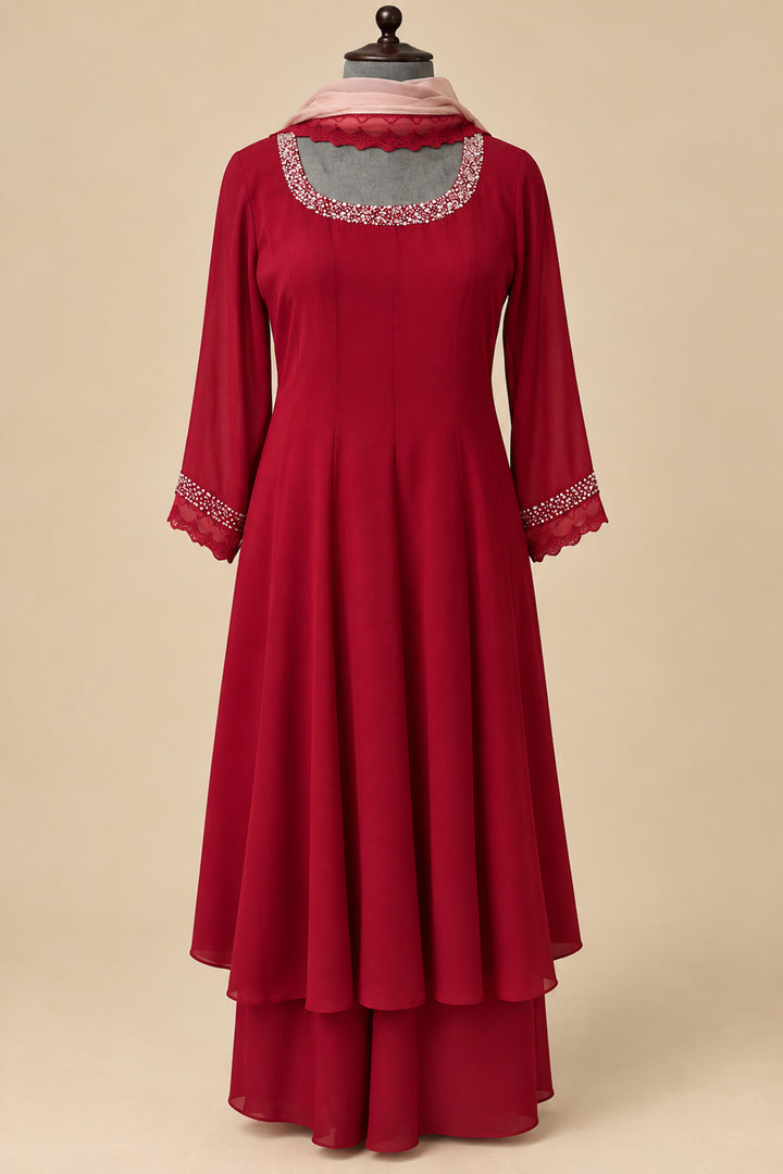 Reddish Maroon Anarkali Embellished Anarkali Set with Blush Pink Dupatta