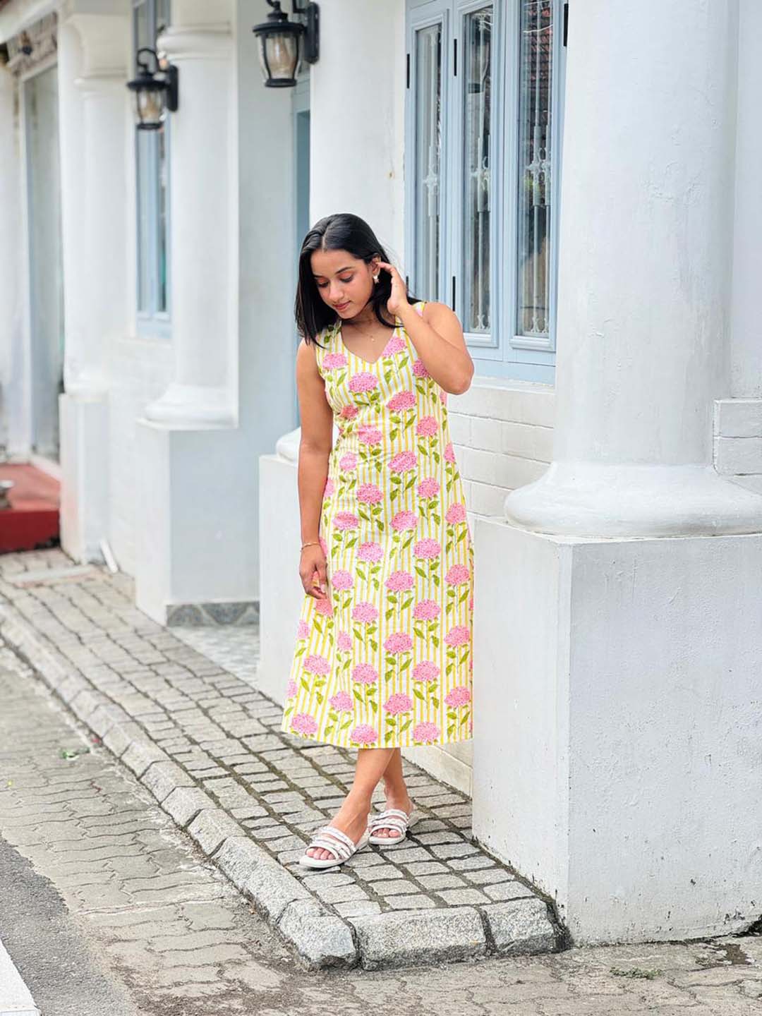Yellow Striped Halter Neck Dress