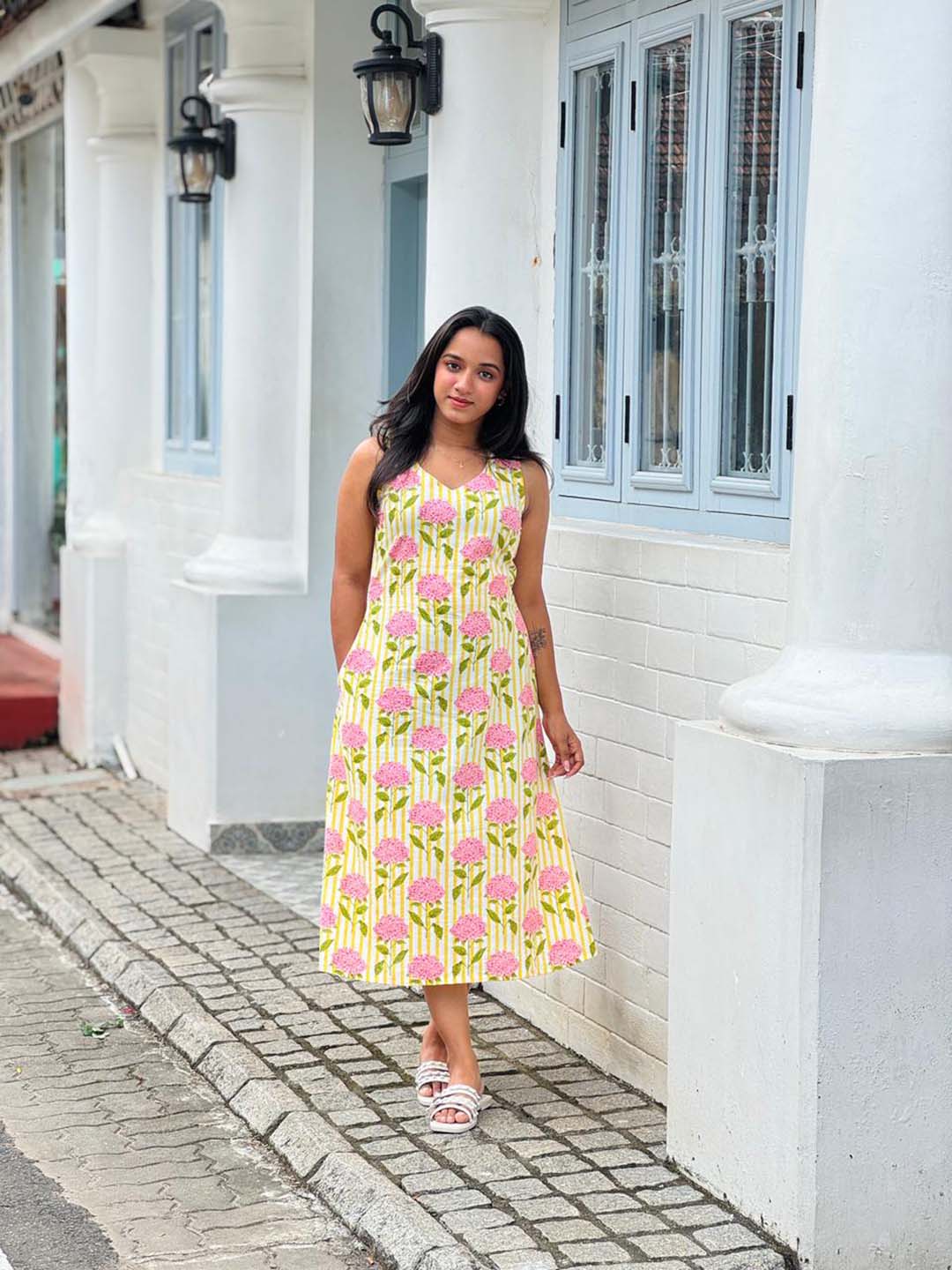 Yellow Striped Halter Neck Dress