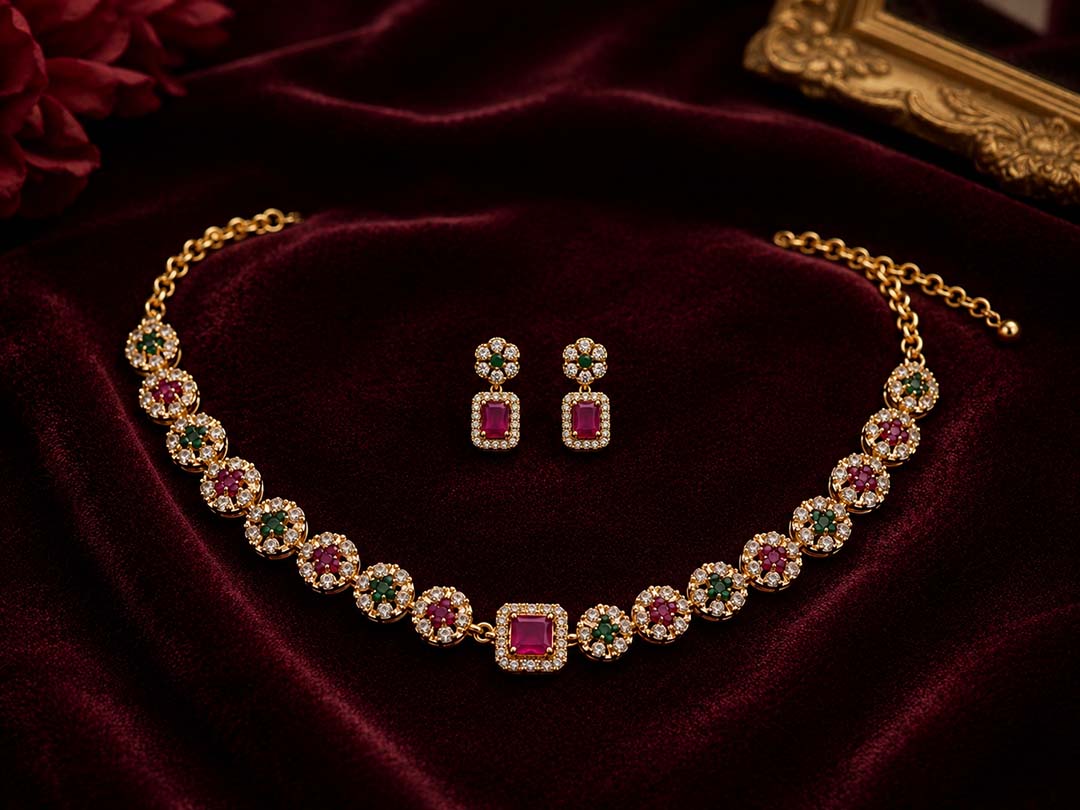 Elegant Ruby & Emerald Stone Jewellery Set