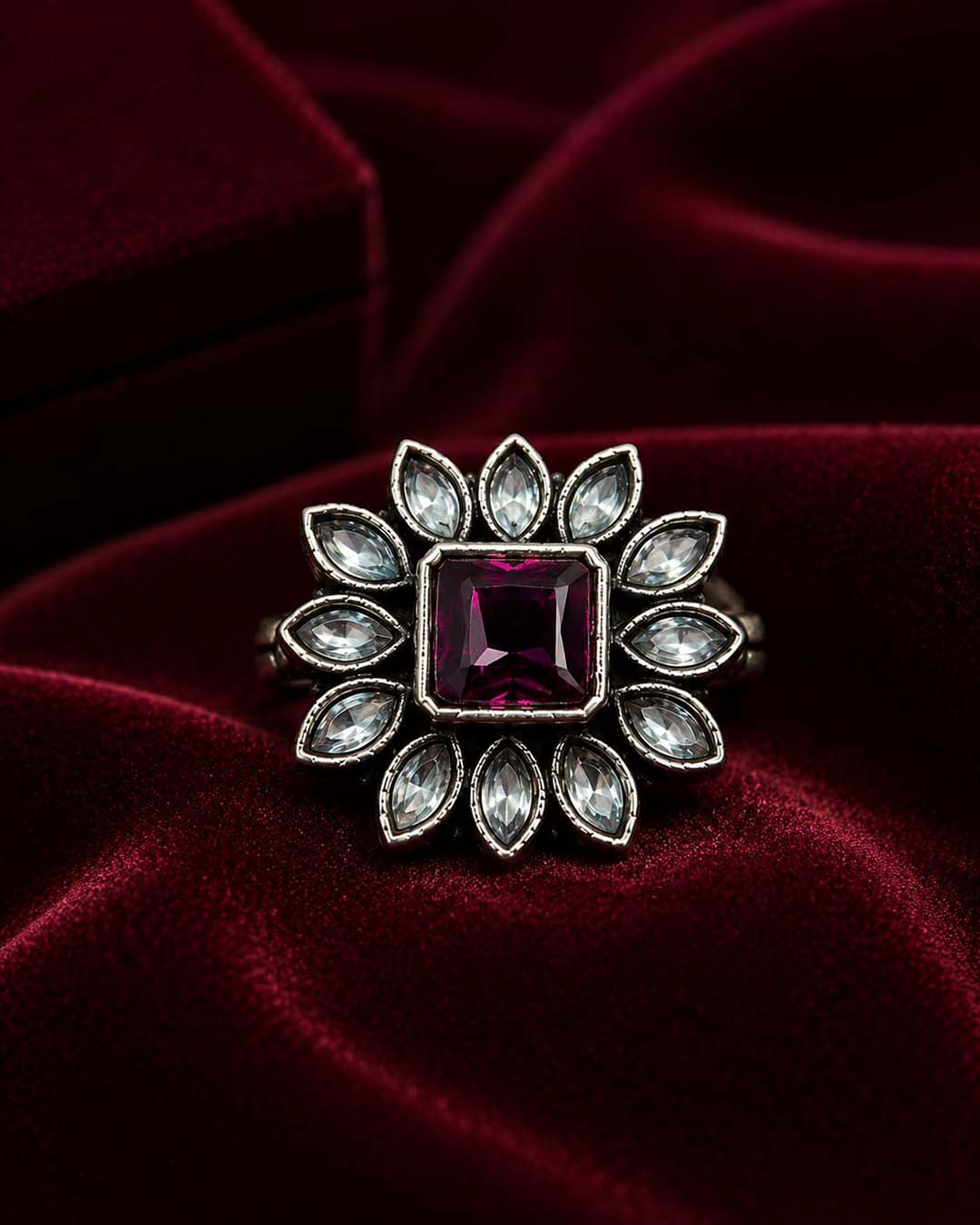 Oxidized Floral Crystal Statement Ring