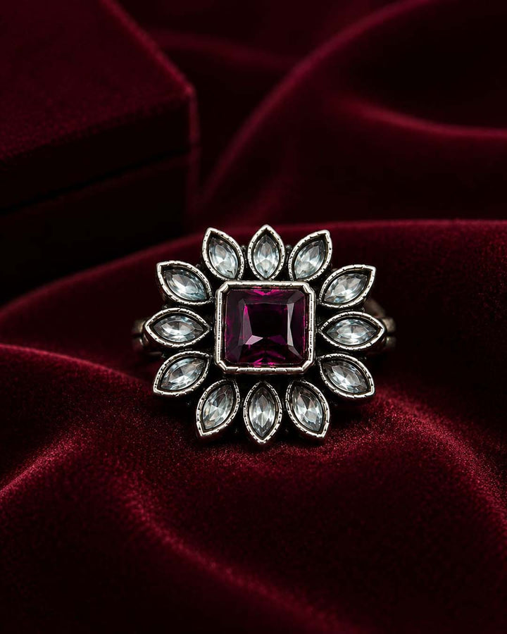 Oxidized Floral Crystal Statement Ring