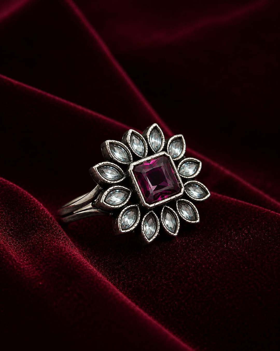 Oxidized Floral Crystal Statement Ring