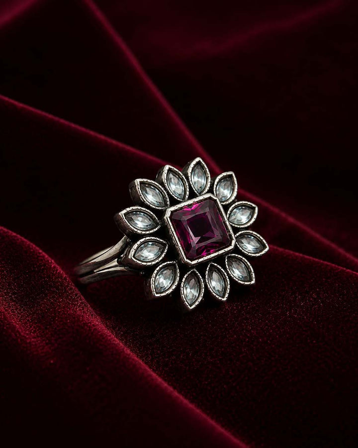 Oxidized Floral Crystal Statement Ring