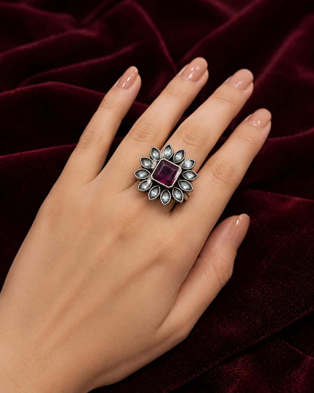Oxidized Floral Crystal Statement Ring