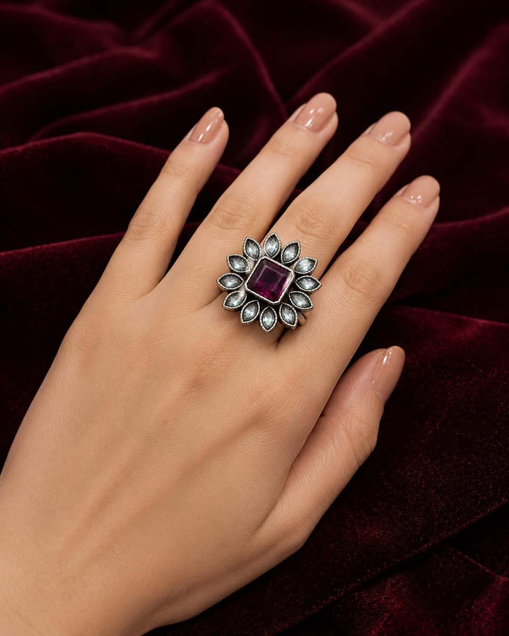 Oxidized Floral Crystal Statement Ring