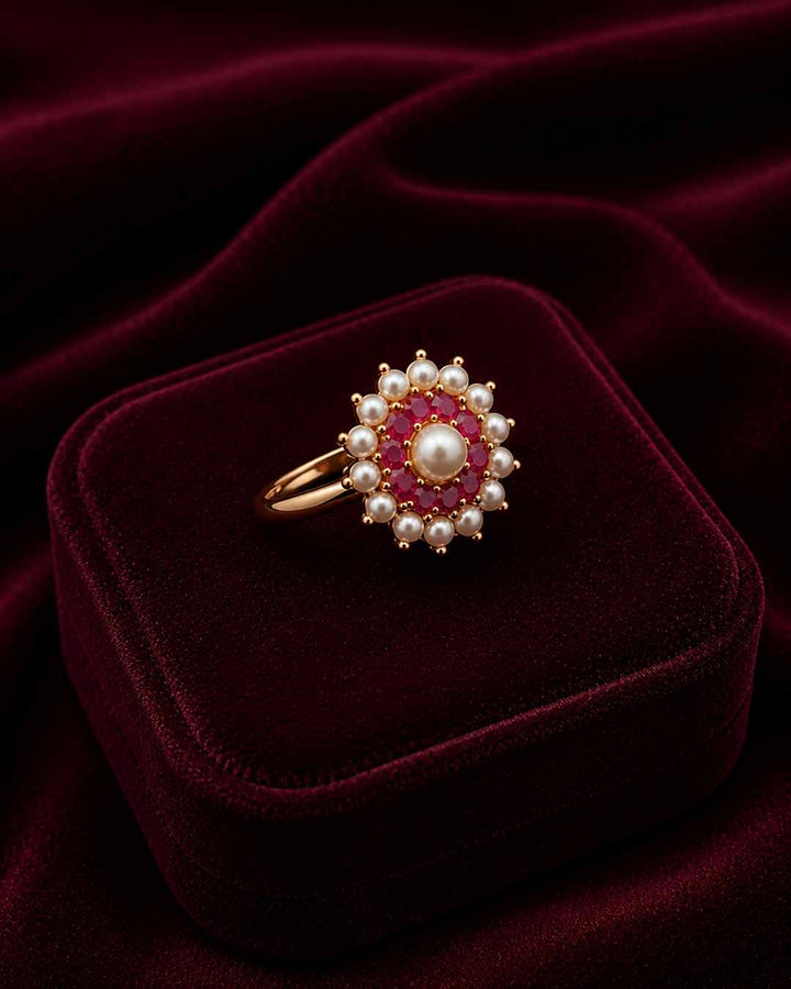 Pearl & Ruby Floral Gold-Tone Ring