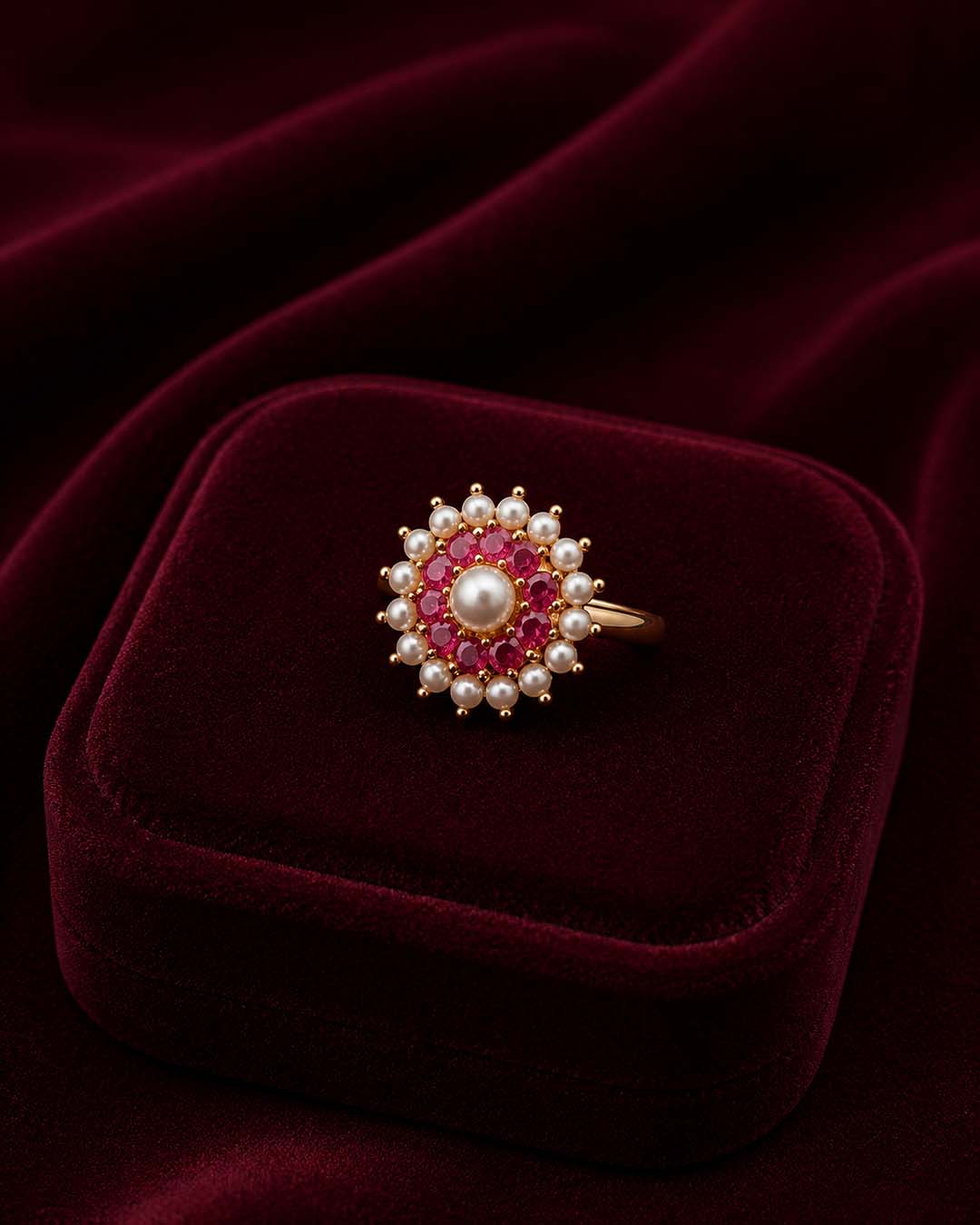 Pearl & Ruby Floral Gold-Tone Ring