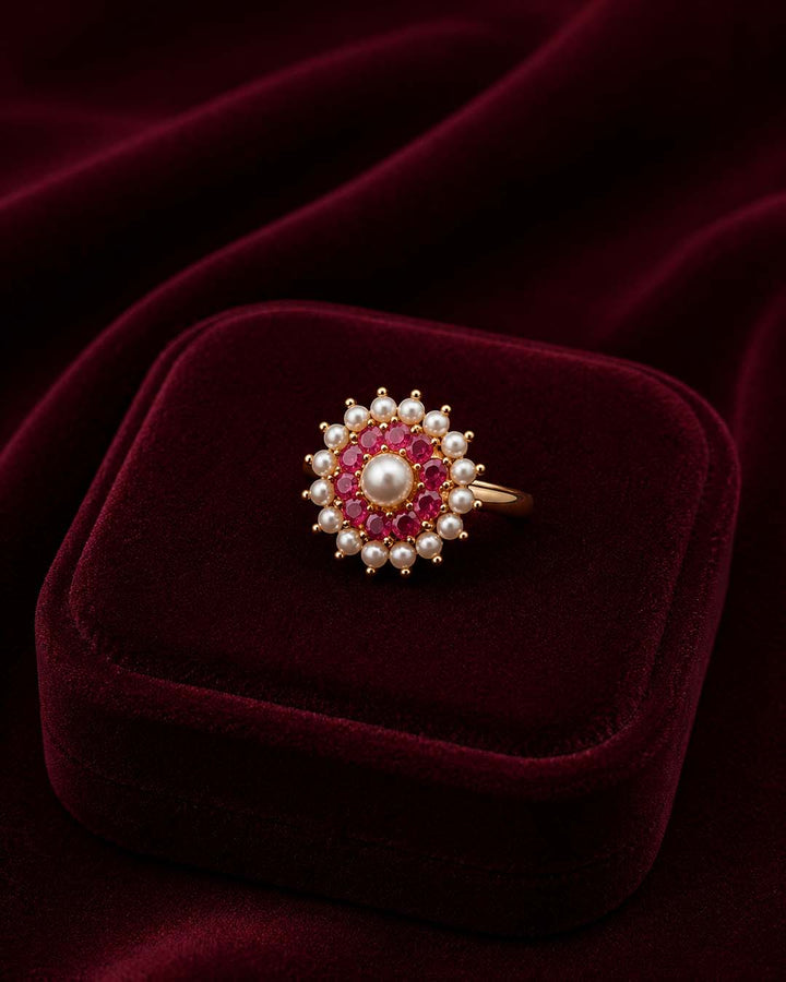 Pearl & Ruby Floral Gold-Tone Ring