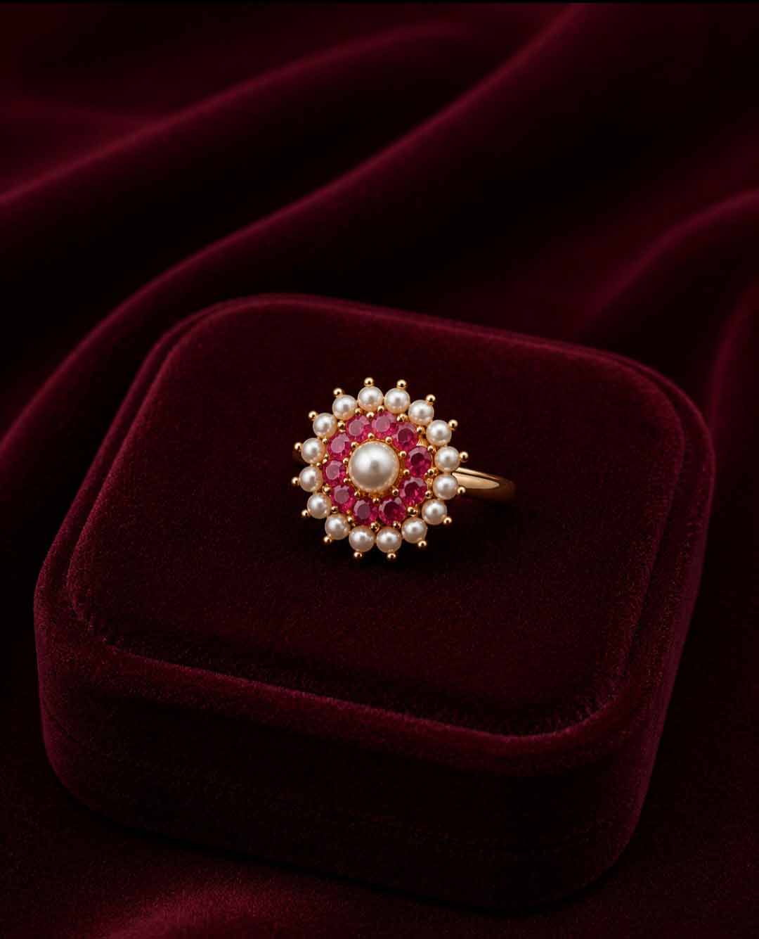 Pearl & Ruby Floral Gold-Tone Ring