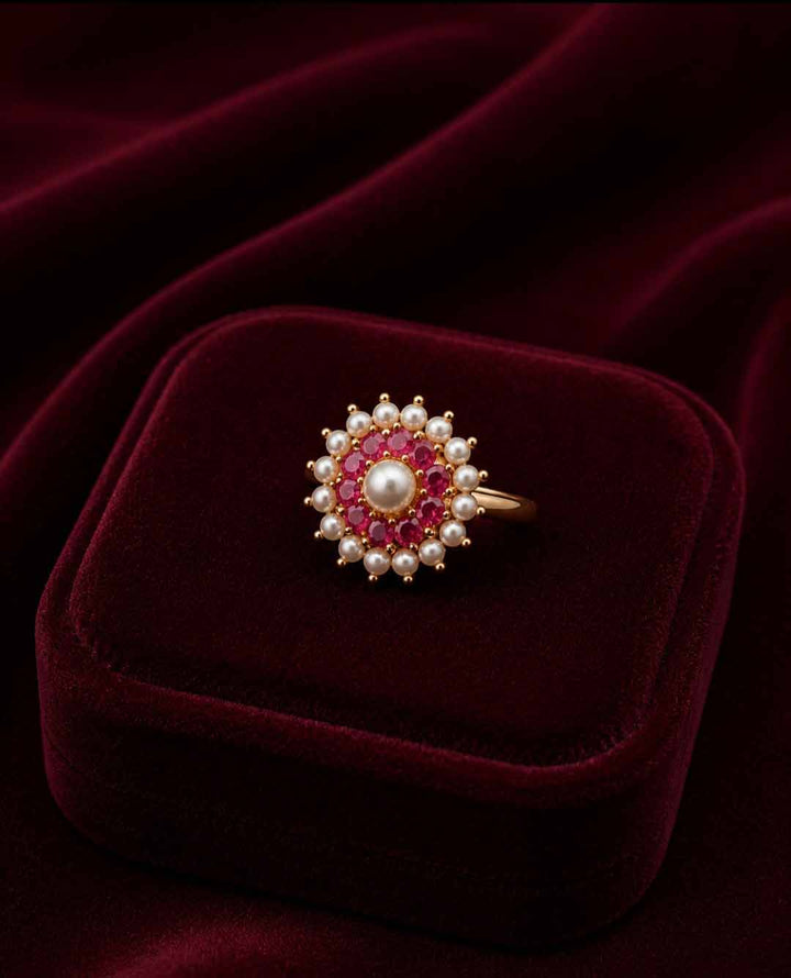 Pearl & Ruby Floral Gold-Tone Ring