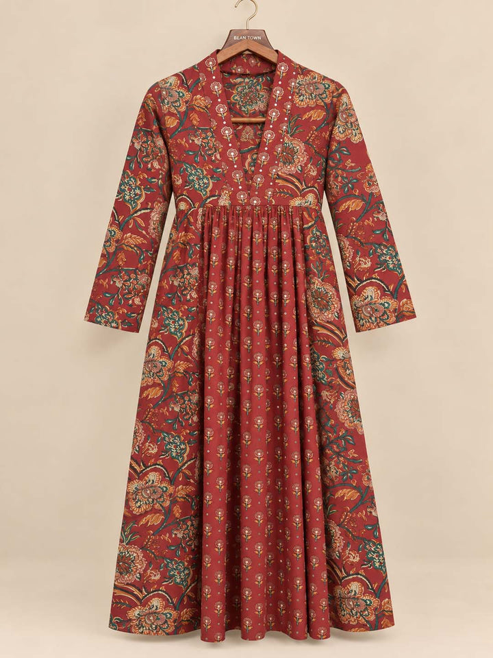Maroon Printed Long Dress
