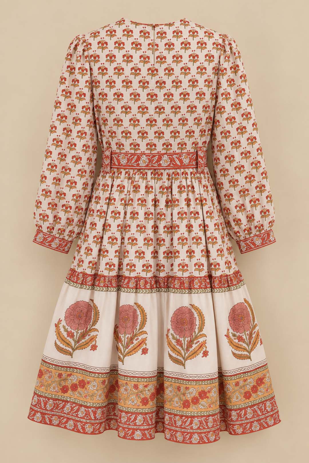 White Short Printed Dress With Orange Printed Belt