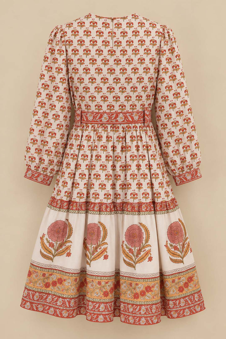White Short Printed Dress With Orange Printed Belt