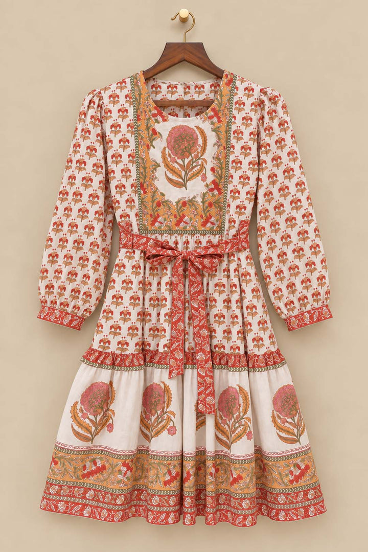 White Short Printed Dress With Orange Printed Belt