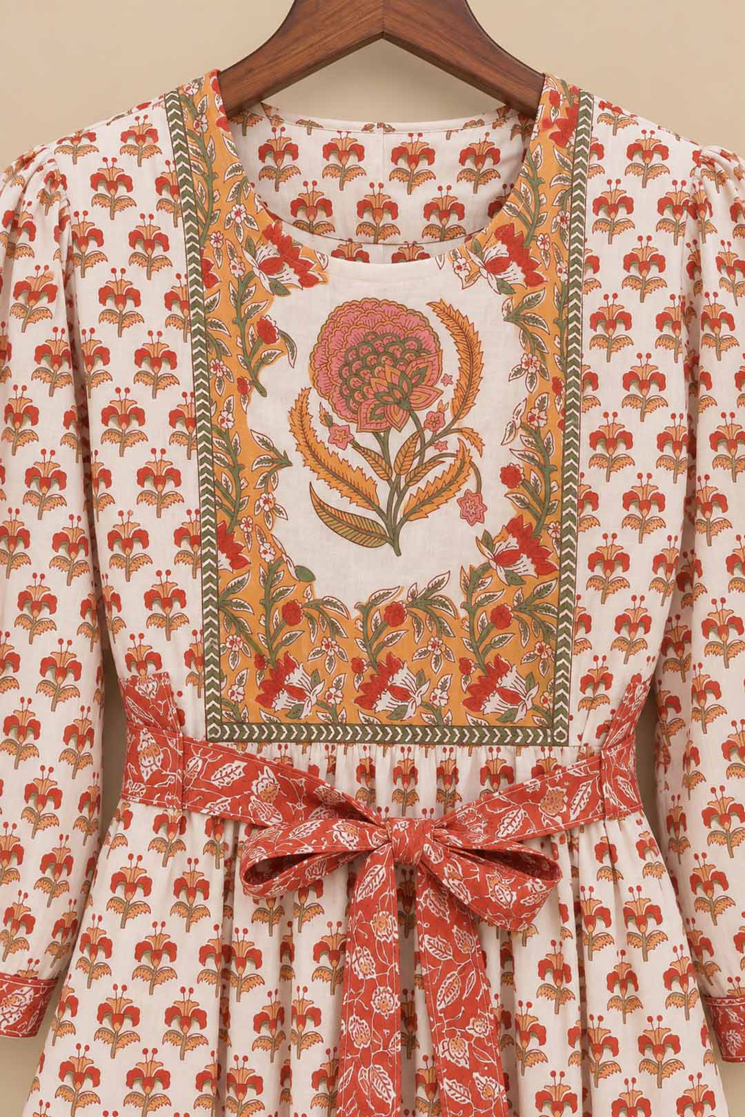 White Short Printed Dress With Orange Printed Belt