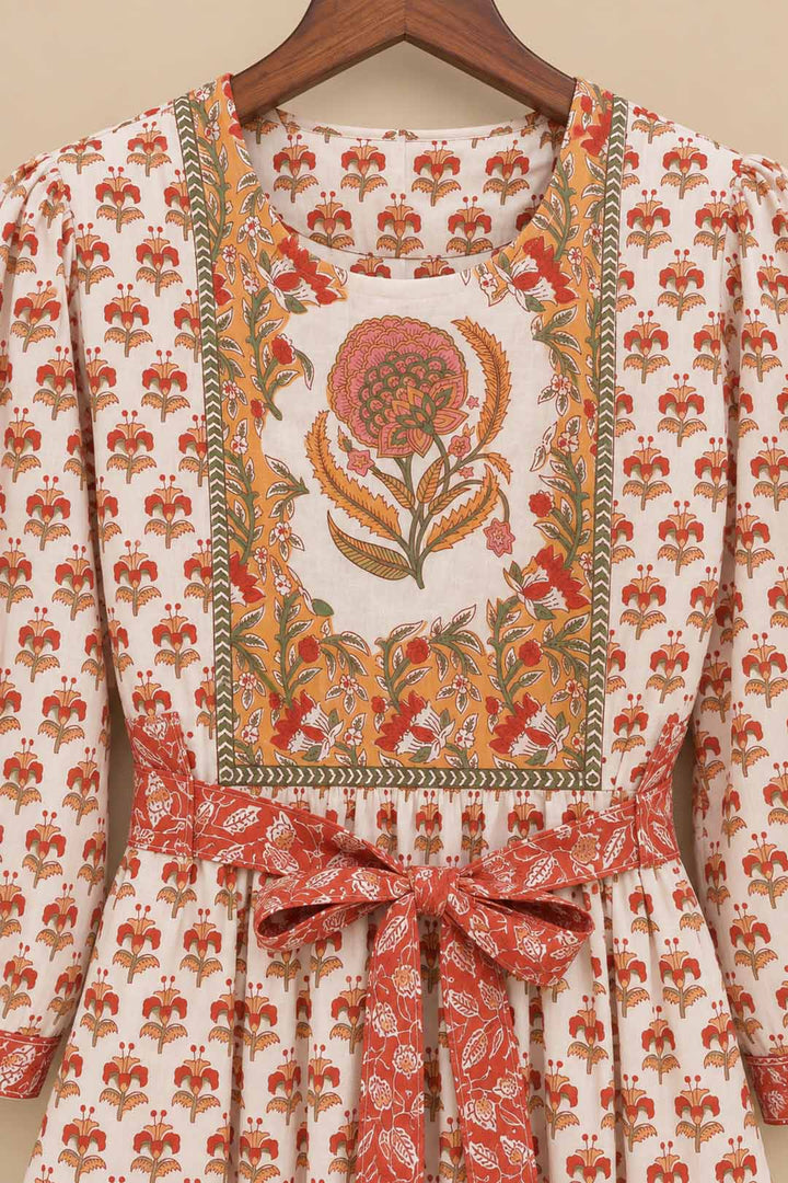 White Short Printed Dress With Orange Printed Belt