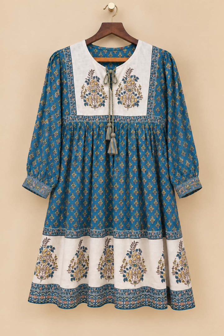 Teal Blue And Yellow Printed Short Dress