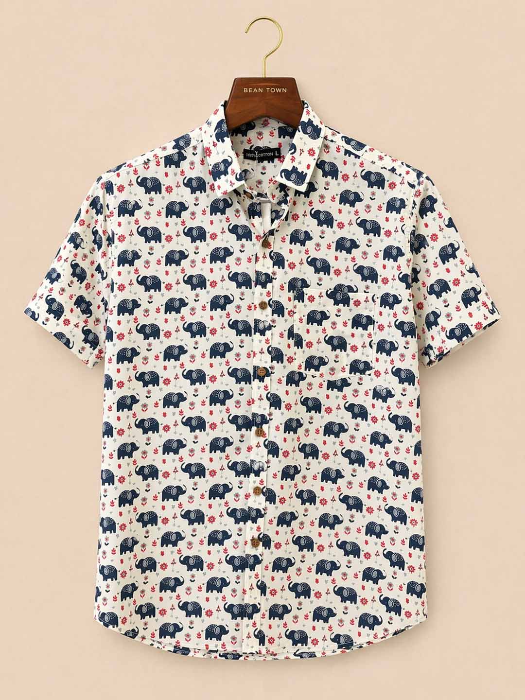 White With Blue Elephant Printed Shirt