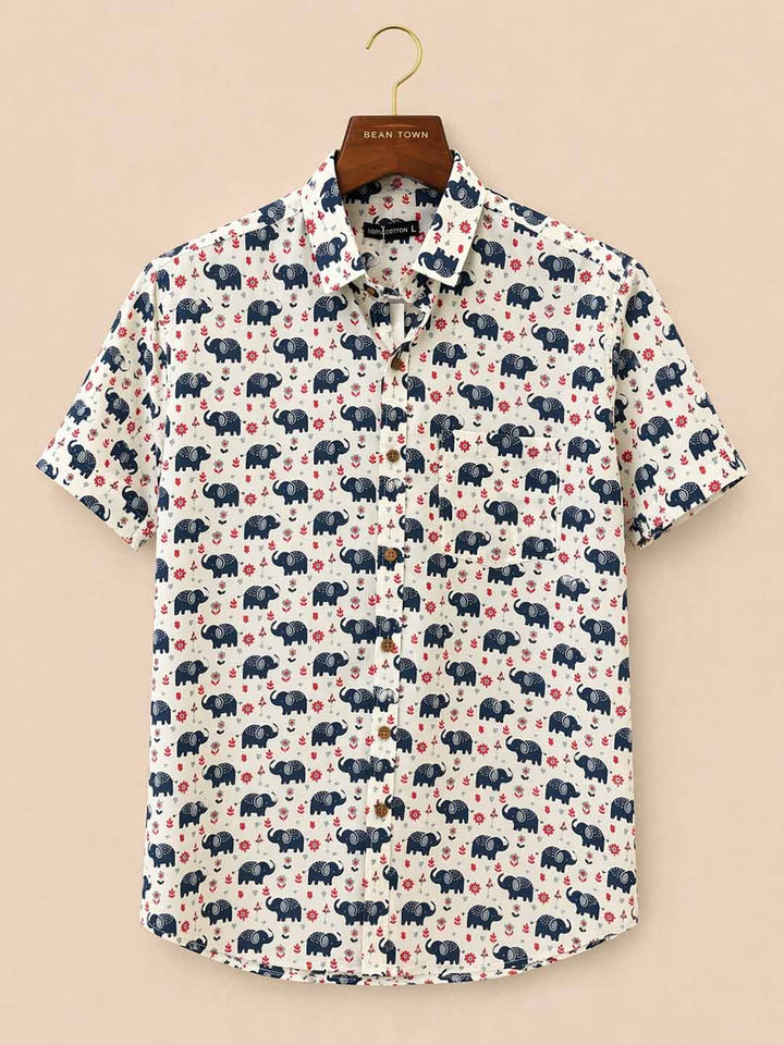 White With Blue Elephant Printed Shirt