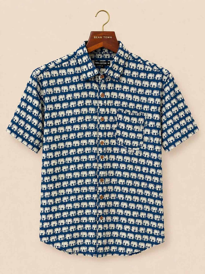 Navy Blue With Off White Elephant Print Shirt