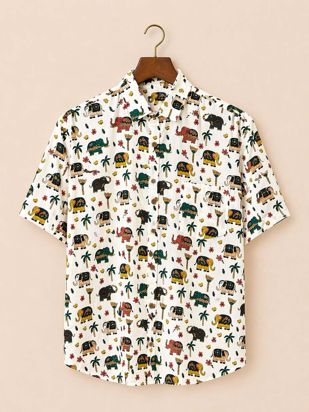 White With Colorful Elephant Print Shirt