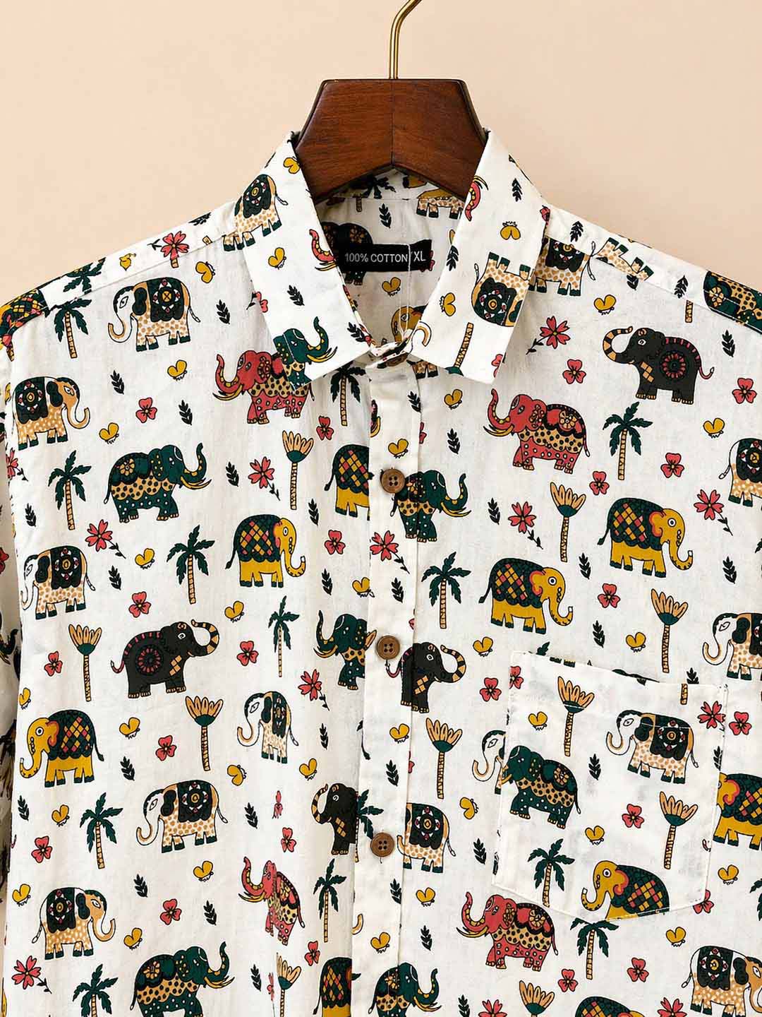White With Colorful Elephant Print Shirt