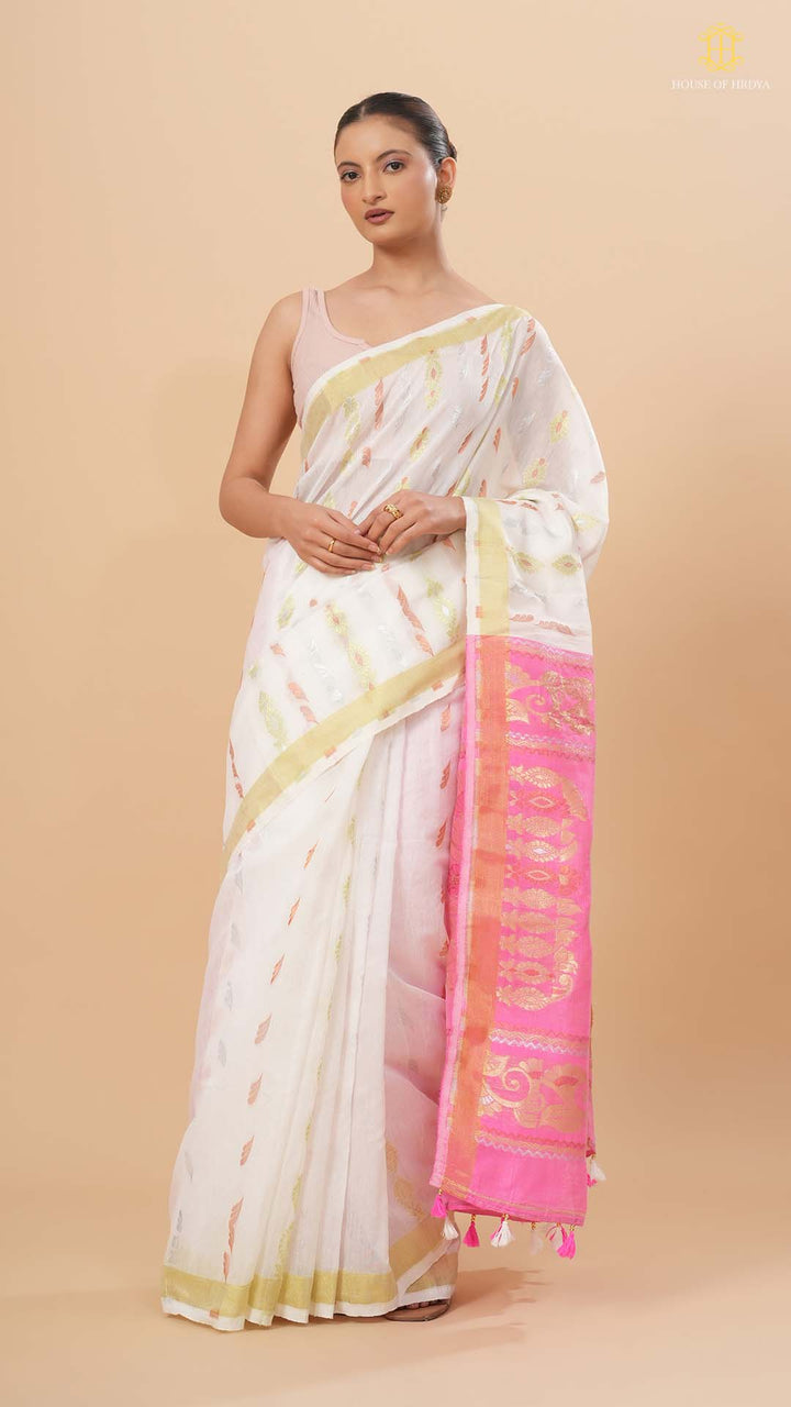 Ivory White &amp; Pink Chanderi Saree