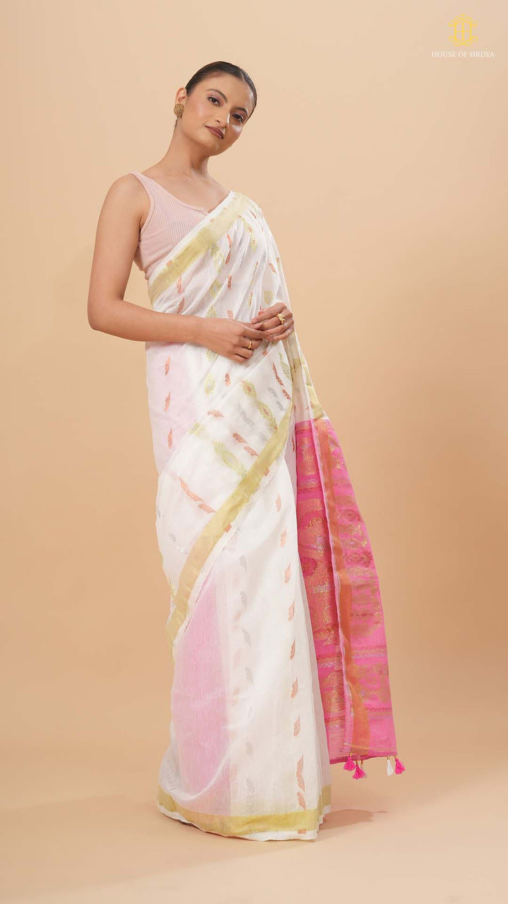 Ivory White &amp; Pink Chanderi Saree