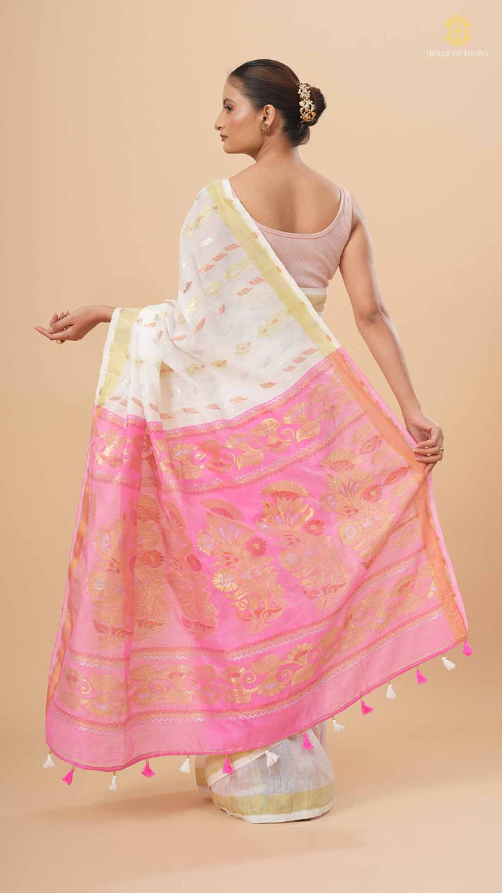 Ivory White &amp; Pink Chanderi Saree