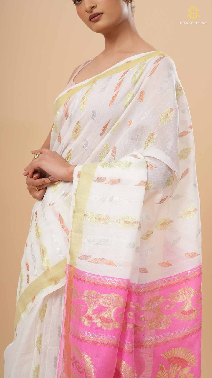 Ivory White &amp; Pink Chanderi Saree