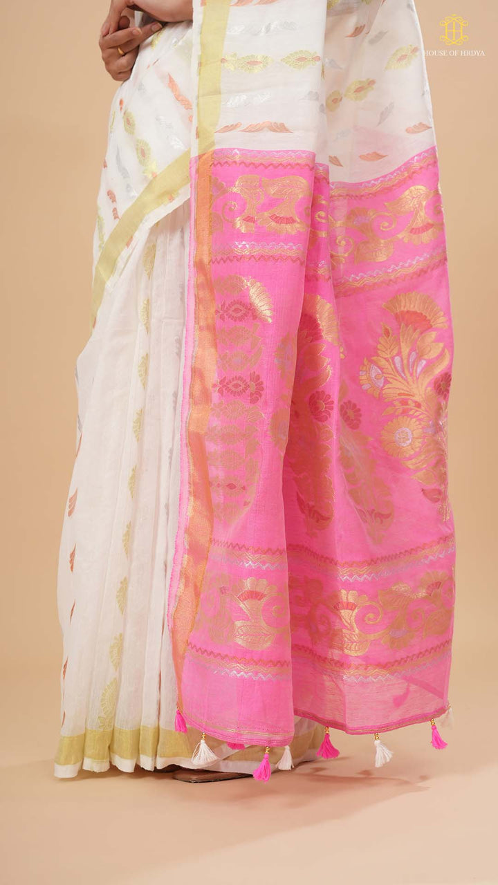 Ivory White &amp; Pink Chanderi Saree