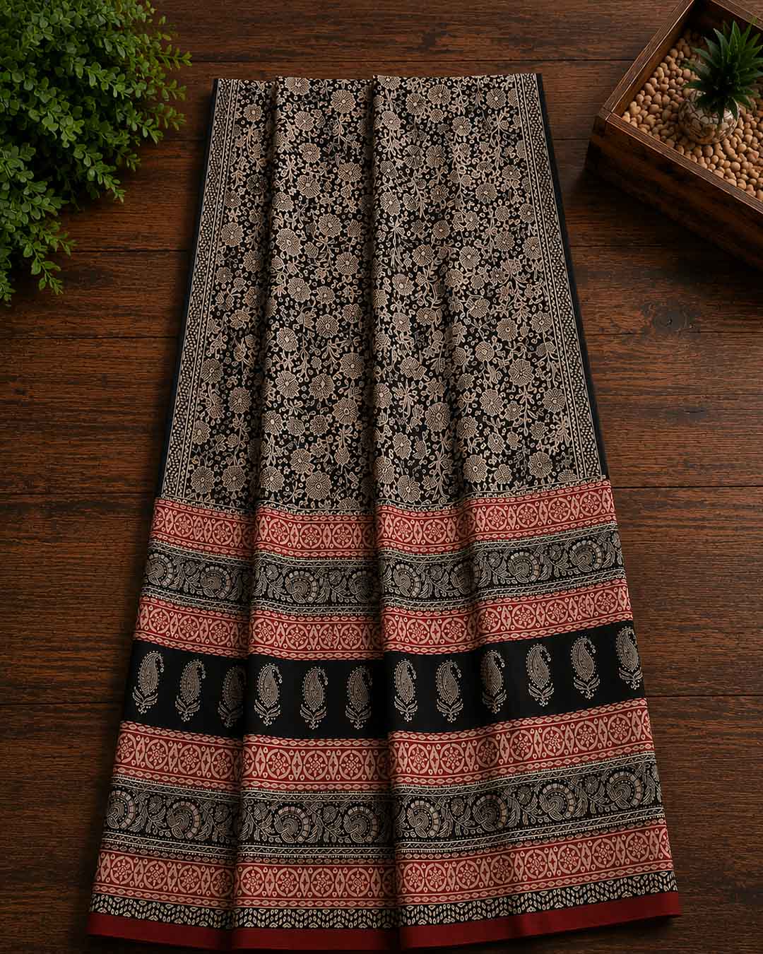 Black and Offwhite Floral Hand Block Print Cotton Saree