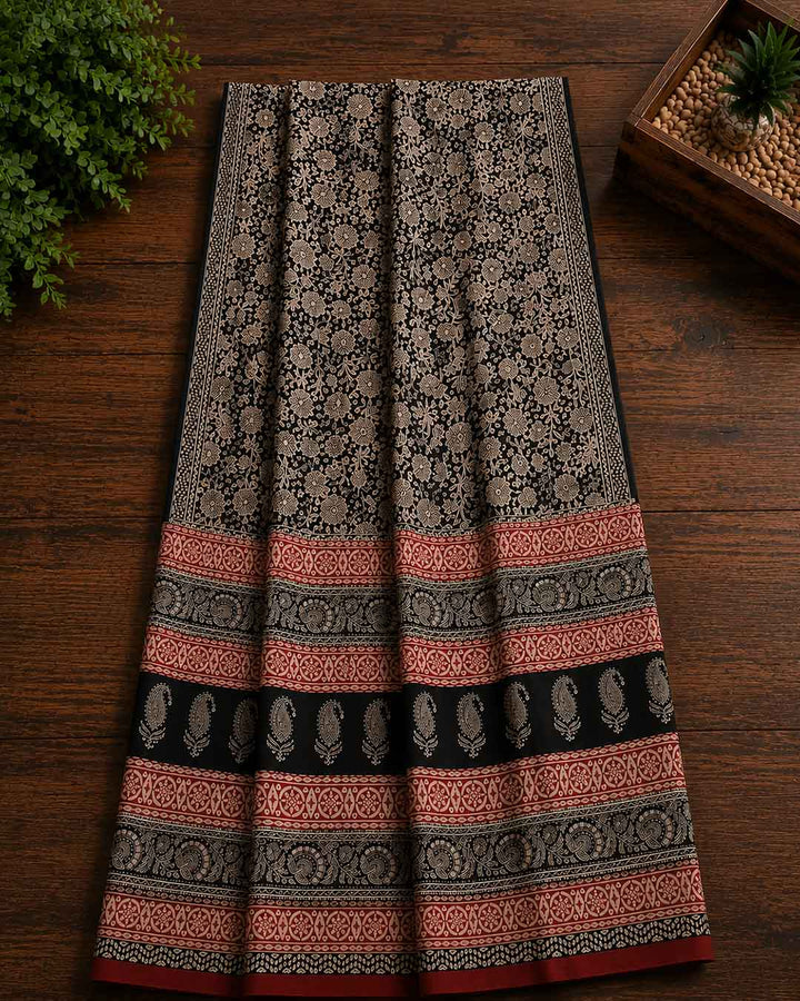 Black and Offwhite Floral Hand Block Print Cotton Saree