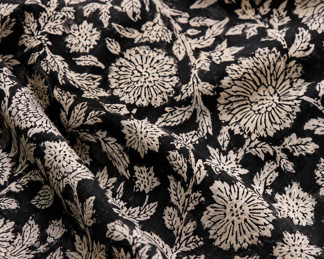 Black and Offwhite Floral Hand Block Print Cotton Saree
