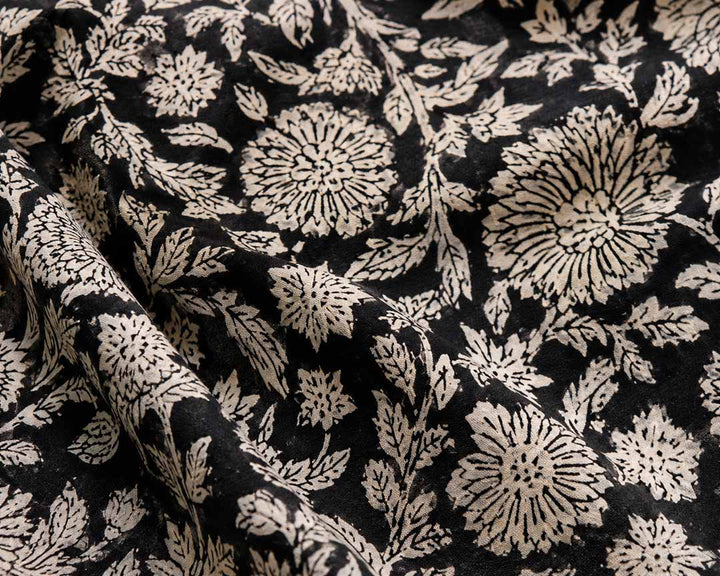 Black and Offwhite Floral Hand Block Print Cotton Saree