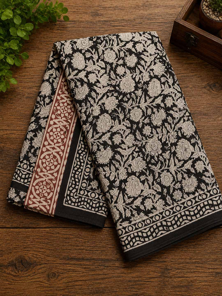 Black and Offwhite Floral Hand Block Print Cotton Saree