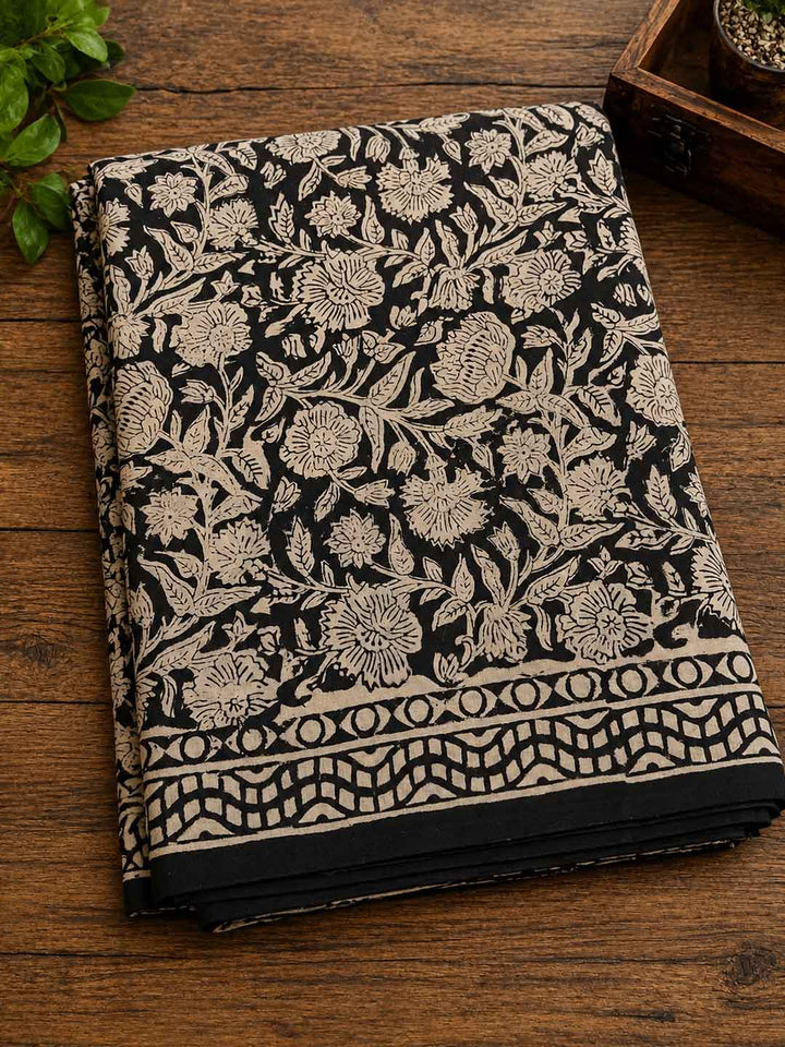 Black and Offwhite Floral Hand Block Print Cotton Saree