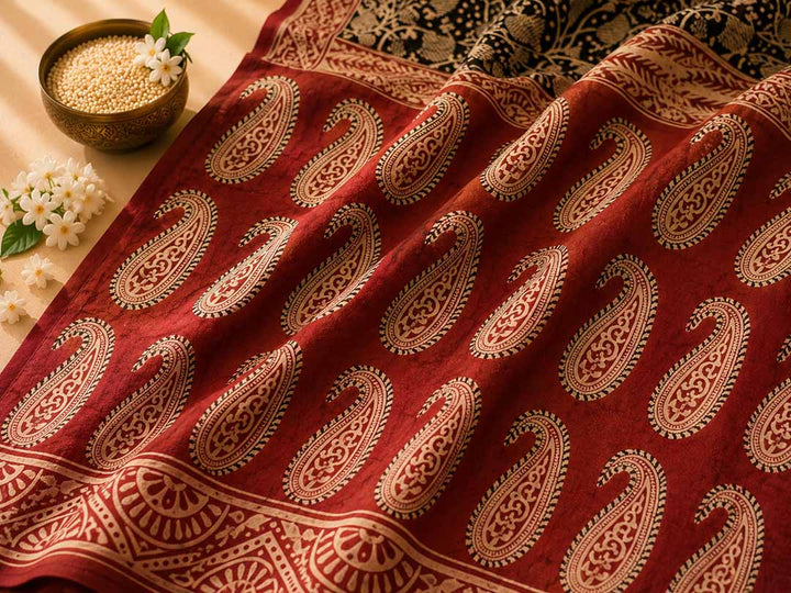 Black and Nude Panel Hand Block Print Cotton Saree
