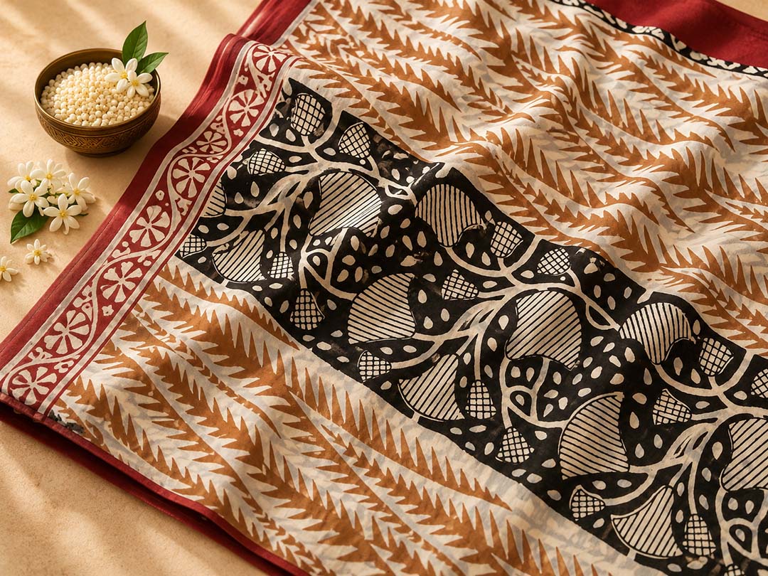 Black and Nude Panel Hand Block Print Cotton Saree