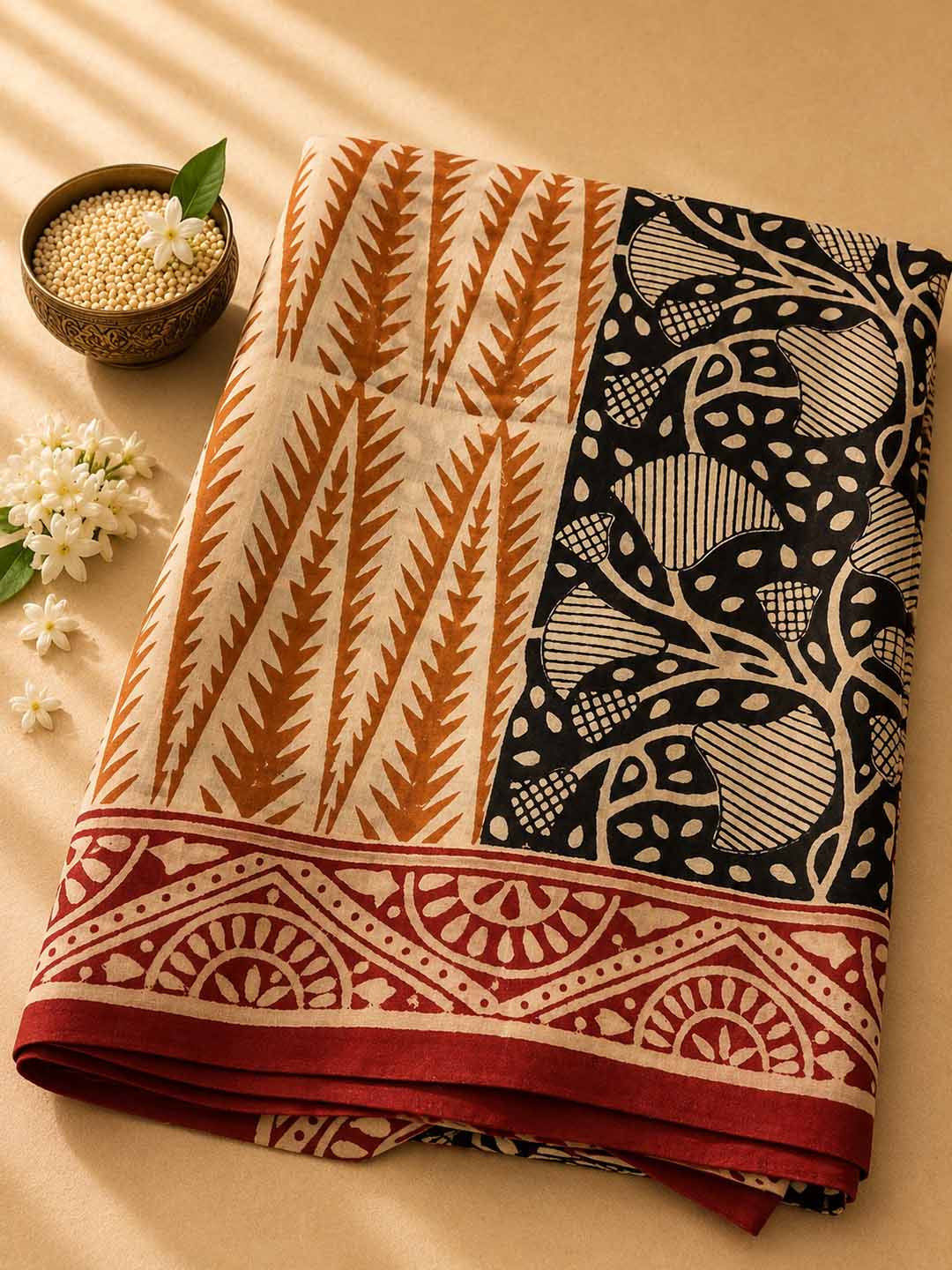 Black and Nude Panel Hand Block Print Cotton Saree