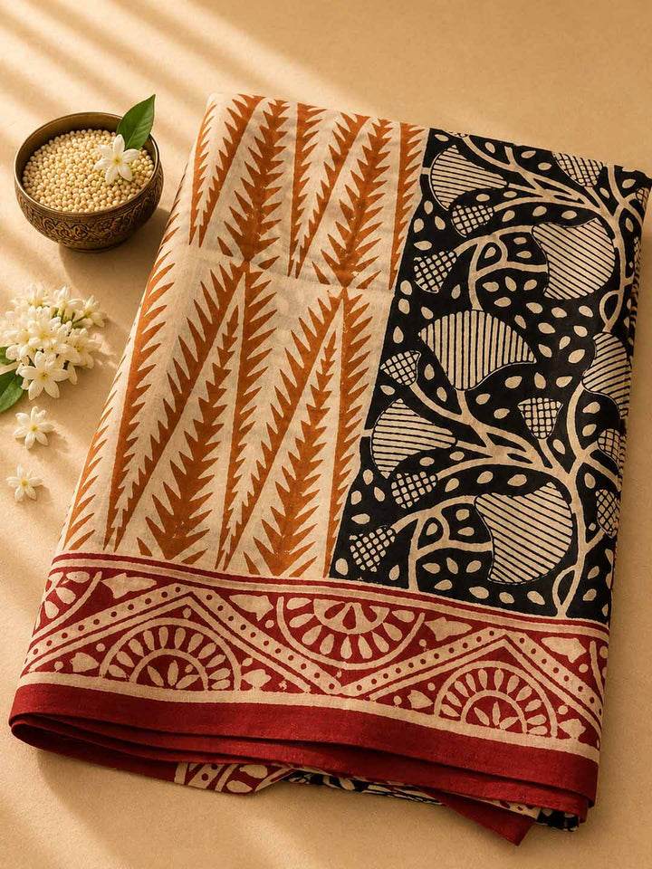 Black and Nude Panel Hand Block Print Cotton Saree